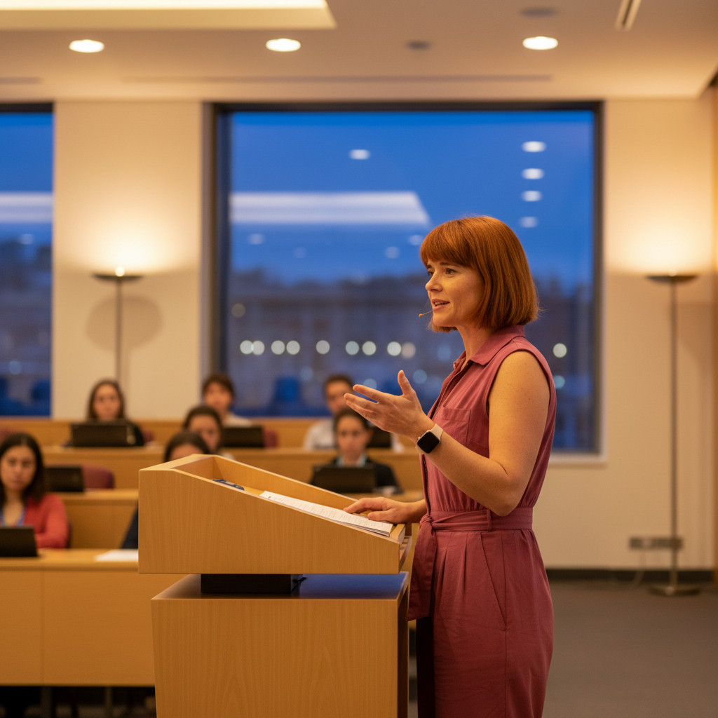 Jessica Navarro giving a lecture at a podium